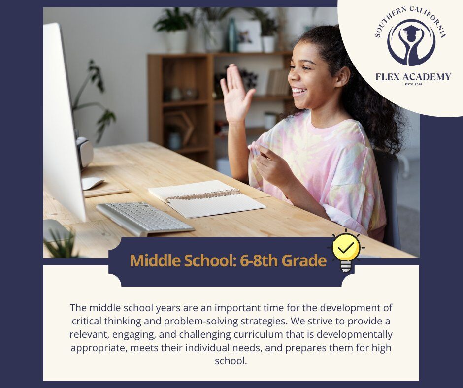 middle school girl smiling at the camera while learning at Southern California Flex Academy